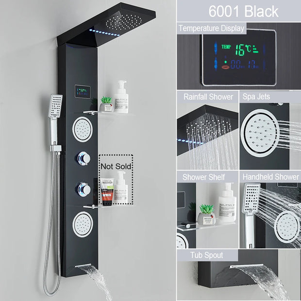 LED Light Shower Panel Waterfall Rain Digital Display Shower Faucet Set SPA Massage Jet Bathroom Column Mixer Tap Tower System