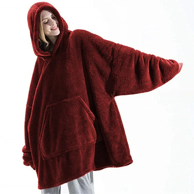 Winter Women Double-faced Fleece Hoodie Blanket Oversize Large Pocket Warm Couple Loose Sweatshirts Women And Men Robe
